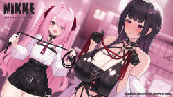 Rule 34 | 2girls, bare shoulders, belt, black hair, blush, breasts, chain, cleavage, collar, curvy, dominatrix, flat chest, gloves, goddess of victory: nikke, hayabusa, heart, heart-shaped pupils, high-waist shorts, large breasts, looking at viewer, mihara (nikke), mole, mole under mouth, multiple girls, official art, pink hair, sexually suggestive, short shorts, shorts, small breasts, smile, symbol-shaped pupils, uniform, whip, yuni (nikke)