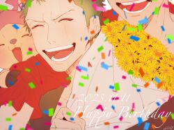 Rule 34 | 3boys, :d, blush, bouquet, close-up, confetti, dated, flower, green hair, happy birthday, holding, holding bouquet, male focus, monkey d. luffy, multiple boys, one piece, open mouth, out of frame, roronoa zoro, scar, scar across eye, short hair, smile, solo focus, tony tony chopper, wavi savi