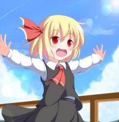 Rule 34 | 1girl, :d, ascot, blonde hair, cloud, day, female focus, highres, lens flare, light rays, md5 mismatch, nikku (ra), open mouth, outstretched arms, red eyes, rumia, sky, smile, solo, sunbeam, sunlight, touhou