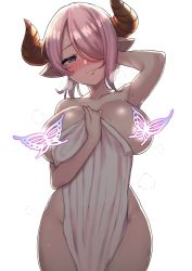 Rule 34 | 1girl, absurdres, arm behind head, arm up, bare shoulders, blush, breasts, bug, butterfly, censored nipples, collarbone, commentary request, convenient censoring, covering privates, draph, granblue fantasy, gupunetsu, hair over one eye, head tilt, highres, holding, horns, insect, large breasts, looking at viewer, naked towel, narmaya (granblue fantasy), nude cover, pink hair, pointy ears, purple eyes, shiny skin, short hair, simple background, smile, solo, standing, steam, towel, water drop, wet