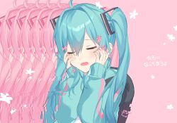 Rule 34 | 1girl, ahoge, alternate costume, aqua hair, aqua sweater, backpack, bag, black bag, blush, bow, closed eyes, commentary request, facing viewer, floral background, flower, glitch, hair between eyes, hair bow, hair flower, hair intakes, hair ornament, hand in own hair, hands on own cheeks, hands on own face, hands up, hatsune miku, highres, kurobikari, kyu-kurarin (cevio), long hair, long sleeves, lower teeth only, open mouth, pastel colors, pink background, pink bow, pink flower, sidelocks, simple background, sleeves past wrists, solo, sweater, teeth, translation request, twintails, upper body, vocaloid