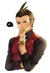 Rule 34 | 1boy, absurdres, ace attorney, ahoge, apollo justice, apollo justice: ace attorney, bracelet, brown eyes, brown hair, capcom, ee0418, glint, hand on own chin, highres, jewelry, looking at viewer, male focus, necktie, red vest, solo, upper body, vest, white background, white necktie
