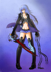 Rule 34 | 1girl, belt, blindfold, boots, breasts, cleavage, cloak, gender request, genderswap, gloves, green eyes, high heel boots, high heels, highres, keyblade, kingdom hearts, long hair, midriff, pigeon-toed, riku (kingdom hearts), short shorts, shorts, silver hair, solo, soyko, thigh boots, thighhighs