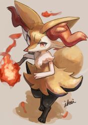 Rule 34 | 1girl, animal ear fluff, animal ears, animal feet, animal hands, animal nose, artist name, black fur, blush, body fur, braixen, closed mouth, creatures (company), female focus, fire, flat chest, fox ears, fox girl, fox tail, full body, furry, furry female, game freak, gen 6 pokemon, grey background, highres, holding, holding stick, ikei, light blush, looking at viewer, multicolored fur, neck fur, nintendo, pokemon, pokemon (creature), pyrokinesis, red eyes, signature, simple background, snout, solo, standing, stick, tail, white fur, yellow fur
