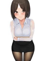 Rule 34 | 1girl, :3, anti (0324), black hair, black pantyhose, blush, breasts, brown eyes, looking at viewer, medium hair, mole, mole under eye, office lady, original, pantyhose, parted bangs, pencil skirt, simple background, skirt, smile, solo, white background