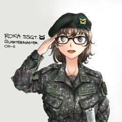 Rule 34 | 1girl, beret, black-framed eyewear, brown hair, collar tabs, collarbone, collared shirt, commentary, english commentary, geococcyx, glasses, grey eyes, hand up, hat, hat ornament, highres, id card, insignia, korean text, long sleeves, looking at viewer, military, military uniform, multicolored shirt, name tag, open mouth, original, patch, pocket, republic of korea army, salute, shirt, short hair, simple background, solo, south korean flag, uniform, upper body, white background