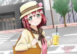 Rule 34 | 1girl, aqua eyes, artist name, artist request, bag, blush, bow, brown hat, carrying, carrying bag, cup, day, female focus, green eyes, hair between eyes, hat, hat bow, highres, holding, holding cup, kurosawa ruby, light brown sweater, looking at viewer, love live!, love live! sunshine!!, outdoors, parted lips, pink shirt, red hair, shirt, short hair, smile, solo, striped, striped bow, urushibara michiwo