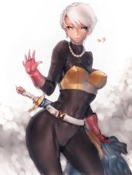 Rule 34 | 1girl, blue eyes, bodysuit, breasts, cameltoe, covered erect nipples, dark-skinned female, dark skin, dragon quest, dragon quest iii, earrings, fumio (rsqkr), gloves, jewelry, large breasts, lips, musical note, necklace, ring, short hair, silver hair, simple background, smile, solo, sword, thief (dq3), thighs, weapon, white background