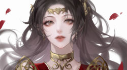 Rule 34 | 1girl, artist request, blurry eyes, brown eyes, brown hair, cai lin (doupo cangqiong), collar, doupo cangqiong, dress, earrings, falling petals, hair ornament, highres, jewelry, long hair, looking at viewer, metal collar, parted lips, petals, pointy ears, red dress, second-party source, solo, teeth, upper body