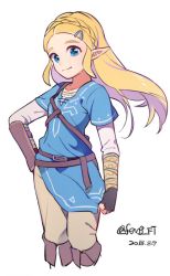 Rule 34 | bad id, bad twitter id, blonde hair, blue eyes, cosplay, cowboy shot, dated, hand on own hip, link, link (cosplay), long hair, looking at viewer, nintendo, pointy ears, princess zelda, simple background, smile, solo, the legend of zelda, the legend of zelda: breath of the wild, white background