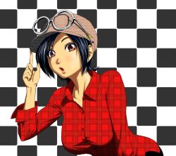 Rule 34 | 1girl, black hair, breasts, brown hair, cabbie hat, checkered background, eyewear on head, glasses, hair over one eye, hat, large breasts, leaning forward, lips, mahha warabi, may lee, nib pen (medium), parted lips, plaid, plaid shirt, round eyewear, shirt, short hair, solo, the king of fighters, traditional media, unmoving pattern