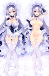 Rule 34 | 1girl, arm guards, arm under breasts, azur lane, belfast (azur lane), blue eyes, blush, braid, breasts, censored, chain, cleavage, collar, collarbone, dakimakura (medium), dress, french braid, frills, full body, garter straps, gloves, gluteal fold, hand up, heart, heart censor, lace, lace-trimmed legwear, lace trim, large breasts, long hair, looking at viewer, maid, maid headdress, multiple views, open mouth, panties, shirokitsune, silver hair, smile, thighhighs, underwear, white gloves, white panties, white thighhighs