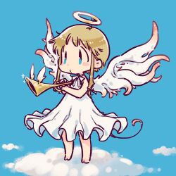Rule 34 | 1girl, angel, bare legs, bare shoulders, barefoot, blonde hair, blue background, blue eyes, blush stickers, chibi, cloud, dress, halo, holding, holding instrument, instrument, lowres, on cloud, original, rakuni, short hair with long locks, sidelocks, solo, standing, tentacle wings, white dress, white wings, wings