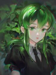 Rule 34 | 1other, androgynous, black necktie, blurry, character name, closed mouth, crystal hair, depth of field, gem uniform (houseki no kuni), green eyes, green hair, green theme, hair rings, houseki no kuni, jade (houseki no kuni), long hair, looking at viewer, maccha (mochancc), nature, necktie, other focus, puffy short sleeves, puffy sleeves, red lips, short sleeves, sidelocks, solo, upper body, wet
