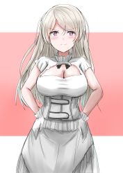 Rule 34 | 1girl, alternate eye color, breasts, cleavage, closed mouth, conte di cavour (kancolle), conte di cavour nuovo (kancolle), dress, gloves, grey hair, highres, kamaboko senshi, kantai collection, large breasts, layered dress, long hair, pink eyes, smile, solo, two-tone dress, upper body, v-shaped eyebrows, white dress, white gloves