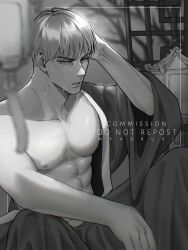 Rule 34 | 1boy, abs, bare pectorals, commission, greyscale, hair down, highres, japanese clothes, jujutsu kaisen, kimono, lantern, lips, long sleeves, looking at viewer, male focus, mayo (myaoruki), monochrome, muscular, muscular male, nanami kento, parted lips, partially undressed, pectorals, short hair, sitting, solo, upper body, wide sleeves