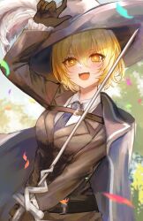 Rule 34 | 1girl, absurdres, belt, black belt, black gloves, black jacket, black pants, blonde hair, blue cape, blue headwear, blue necktie, blush, cape, cavalier hat, collared shirt, commentary, don quixote (project moon), gloves, highres, holding, holding sword, holding weapon, jacket, lapels, limbus company, necktie, notched lapels, open mouth, outdoors, pants, plume, project moon, rapier, shirt, short hair, solo, star-shaped pupils, star (symbol), sword, symbol-shaped pupils, tako yuui, teeth, tongue, upper teeth only, weapon, white shirt, wing collar, yellow eyes