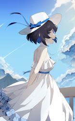 Rule 34 | 1girl, absurdres, alternate costume, arms behind back, black hair, blue eyes, blue hair, blue ribbon, blue sky, cloud, colored inner hair, commentary request, contrail, cowboy shot, dress, from side, hat, hat ribbon, highres, honkai (series), honkai impact 3rd, multicolored hair, neck ribbon, open mouth, outdoors, profile, railing, ribbon, seele vollerei, short hair, sky, sleeveless, sleeveless dress, smile, solo, sun hat, sundress, teeth, upper teeth only, white dress, white hat, white ribbon, yukizawa xueze