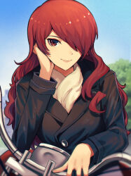 Rule 34 | 1girl, aged up, black jacket, blue sky, blurry, blurry background, brown eyes, closed mouth, commentary, english commentary, eyebrows hidden by hair, hair over one eye, hand on own cheek, hand on own face, hand up, highres, jacket, kirijou mitsuru, kuki tan, lips, long hair, looking at viewer, motor vehicle, motorcycle, outdoors, persona, persona 3, red hair, sidelocks, sky, smile, solo, straight-on, upper body, v-shaped eyebrows, wavy hair