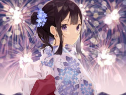 Rule 34 | 1girl, absurdres, aerial fireworks, black hair, blue flower, blurry, blurry background, closed mouth, commentary request, depth of field, fireworks, floral print, flower, from side, hair bun, hair flower, hair ornament, highres, japanese clothes, kimono, looking away, looking to the side, minasenagi, night, night sky, original, outdoors, print kimono, purple eyes, single side bun, sky, smile, solo, upper body, white kimono, yukata