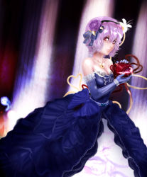 Rule 34 | 1girl, alternate costume, bare shoulders, bow, breasts, cleavage, dress, elbow gloves, eyeball, floating skull, flower, gloves, glowing, glowing eyes, hair flower, hair ornament, hair ribbon, hairband, heart, heart of string, hitodama, holding, jewelry, kaenbyou rin, kaenbyou rin (cat), komeiji satori, lace, lace-trimmed dress, lace trim, looking at viewer, mightyhonk, necklace, pink eyes, purple hair, ribbon, short hair, sideways glance, skull, solo, strapless, strapless dress, third eye, touhou