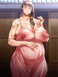 Rule 34 | 1girl, absurdres, bare shoulders, blurry, blurry background, blush, breasts, brown eyes, brown hair, cleavage, covered erect nipples, dress, feet out of frame, female focus, grin, half-closed eyes, highres, huge breasts, ijise (ijiisenoyatu), inaka ni hikkoshita fuufu, legs, long hair, looking at viewer, low ponytail, mole, mole under eye, mole under mouth, original, parted lips, pregnant, puffy areolae, puffy nipples, shiny skin, smile, solo, standing, thighs
