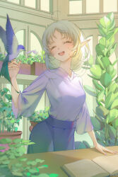 Rule 34 | 1girl, ahoge, bird, bird on hand, blue skirt, closed eyes, grey hair, highres, indoors, medium hair, mushoku tensei, open mouth, plant, pointy ears, potted plant, shirt, skirt, smile, solo, sylphiette (mushoku tensei), tented shirt, wangza, white hair, white shirt