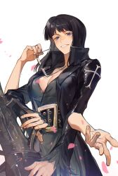 Rule 34 | 1girl, belt, black dress, black hair, black jacket, blue eyes, blunt bangs, blush, breasts, cleavage, commentary request, dress, extra arms, extra hands, glasses, hana hana no mi, highres, holding, holding weapon, jacket, large breasts, long hair, long sleeves, looking at viewer, medium hair, nico robin, one piece, one piece: strong world, petals, smile, teeth, weapon, xuchuan