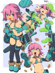Rule 34 | + +, 1girl, @ @, armor, belt, bikini, bikini armor, black thighhighs, blue belt, blue gloves, boots, gloves, greentanuki, health bar, highres, multicolored hair, multiple views, navel, open mouth, original, scabbard, sheath, shield, shiny eyes, slime (creature), swimsuit, sword, thighhighs, tongue, tongue out, twintails, two-tone hair, weapon
