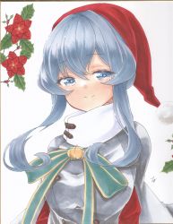 Rule 34 | 1girl, blue hair, buttons, christmas, coat, commentary request, double-breasted, fur-trimmed headwear, fur trim, gotland (kancolle), hat, highres, holly, kantai collection, long hair, looking at viewer, marker (medium), mole, mole under eye, santa costume, santa hat, scarf, smile, traditional media, white scarf, yuuki chima