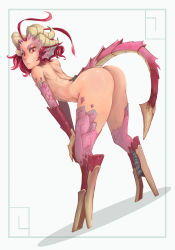 Rule 34 | 1girl, ahoge, anael (bankage), ass, back, bad deviantart id, bad id, bankage, bent over, demon girl, demon horns, demon tail, dragon girl, dragon horns, dragon tail, eyebrows, flat chest, hands on knee, hooves, horns, huge ahoge, looking back, monster girl, nude, original, pointy ears, red eyes, red hair, scales, short hair, solo, standing, tail