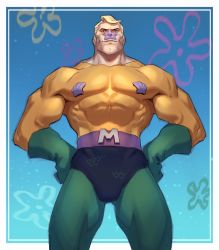 Rule 34 | 1boy, abs, aged down, black eyes, blonde hair, bodysuit, commentary, english commentary, from below, gloves, green gloves, hands on own hips, highres, jeremy anninos, looking up, male focus, mermaid man, muscular, pectorals, skin tight, smile, solo, spongebob squarepants (series), superhero costume, thighs, underwater, v-shaped eyebrows