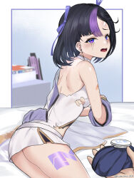 Rule 34 | 1girl, absurdres, ass, black hair, breasts, brulee, crying, crying with eyes open, earrings, goddess of victory: nikke, hair ribbon, highres, ice pack, jewelry, leg tattoo, miniskirt, multicolored hair, purple eyes, purple hair, purple ribbon, ribbon, shirt, short hair, skirt, small breasts, solo, streaked hair, syuen (nikke), tattoo, tears, torn clothes, two-tone hair, white shirt, white skirt