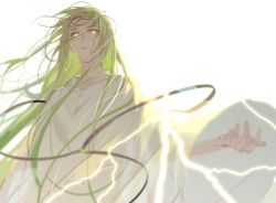 Rule 34 | 1boy, androgynous, backlighting, cloak, enkidu (fate), expressionless, fate/grand order, fate (series), floating hair, glowing, glowing eyes, green hair, jewelry, lightning bolt symbol, looking at viewer, male focus, necklace, robe, rrr (reason), solo, upper body, wind, yellow eyes