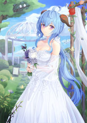 Rule 34 | 1girl, ahoge, animal, bare shoulders, bird, blue hair, blue sky, bouquet, bow, breasts, bug, bush, butterfly, cleavage, closed mouth, cloud, collarbone, commentary request, day, detached sleeves, dress, flower, fountain, ganyu (genshin impact), genshin impact, goat horns, grass, hair between eyes, hair bow, highres, holding, holding bouquet, horns, insect, long dress, long hair, looking at viewer, medium breasts, purple eyes, red flower, rose, see-through, see-through sleeves, sky, slime nyang, smile, solo, standing, tree, very long hair, wedding dress, white bow, white flower, yellow flower