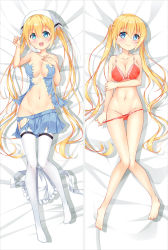 Rule 34 | 1girl, apron, unworn apron, bakugadou, barefoot, bed sheet, blend s, blonde hair, blue eyes, blue shirt, blue skirt, blush, bra, breasts, cleavage, collarbone, dakimakura (medium), frilled apron, frills, from above, full body, groin, hair between eyes, hinata kaho, lying, medium breasts, miniskirt, multiple views, navel, on back, open mouth, panties, panty pull, pleated skirt, purple eyes, red bra, red panties, shirt, sideboob, skirt, smile, stomach, thighhighs, torn clothes, torn shirt, torn skirt, twintails, underwear, underwear only, white apron, white thighhighs