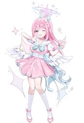 Rule 34 | 1girl, absurdres, alternate costume, angel wings, blue archive, blush, breasts, cleavage, collarbone, dress, feathered wings, full body, hair ornament, hairclip, halo, highres, large breasts, long hair, mika (blue archive), nez (nez 0 0), one eye closed, open mouth, pink dress, pink footwear, pink hair, pink halo, shoes, short sleeves, simple background, smile, socks, solo, white background, white socks, white wings, wings, yellow eyes