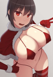 Rule 34 | 1girl, bikini, black hair, blush, breasts, capelet, christmas, cleavage, collarbone, commentary request, covered erect nipples, elbow gloves, fang, fur trim, gloves, groin, highres, large breasts, looking at viewer, micro bikini, navel, open mouth, original, red bikini, red eyes, red gloves, red thighhighs, samegami, short hair, simple background, skindentation, smile, solo, striped clothes, striped thighhighs, swimsuit, thighhighs, toromi (samegami), v