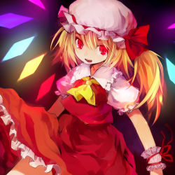 Rule 34 | 1girl, ascot, blonde hair, blush, female focus, flandre scarlet, hat, looking at viewer, open mouth, red eyes, ribbon, short hair, side ponytail, skirt, smile, solo, embodiment of scarlet devil, touhou, wings, yana mori