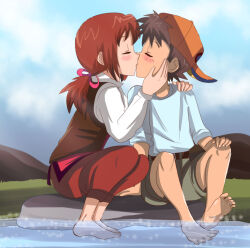 1boy 1girl bare_legs barefoot baseball_cap blush brown_hair commission feet feet_in_water grass hair_ornament hat hikariangelove holly_(monster_farm) kiss monster_farm mountains pants red_hair red_pants red_vest river rock sakura_genki shirt shirt_under_vest shorts sitting sitting_on_rock sky soles t-shirt toles vest water