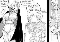 Rule 34 | 1girl, 2boys, absurdres, ascot, bb (baalbuddy), blush, breasts, cloak, comic, english text, fangs, high collar, highres, large breasts, multiple boys, open mouth, original, simple background, skeleton, skull, speech bubble, vampire, western comics (style), white background