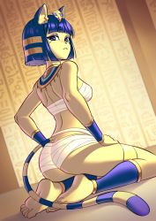 Rule 34 | 1girl, animal crossing, animal ears, ankha (animal crossing), ass, bandages, bandeau, bare arms, bare shoulders, barefoot, blue eyes, blue hair, blunt bangs, bob cut, breasts, cat ears, cat tail, chest sarashi, commentary, furry, furry female, hieroglyphics, highres, jellypon, looking at viewer, medium breasts, midriff, nintendo, revision, sarashi, seiza, short hair, sitting, solo, strapless, tail, thighlet, thighs, tube top, usekh collar