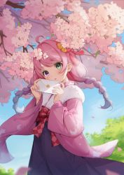 Rule 34 | 1girl, ahoge, blue hair, blush, bow, braid, breasts, checkered bow, checkered clothes, cherry blossoms, flower, fur collar, fur trim, gradient hair, green eyes, highres, himemori luna, himemori luna (new year), holding, holding letter, hololive, japanese clothes, kimono, letter, long hair, long sleeves, multicolored hair, nail polish, open mouth, parted lips, petals, pink flower, pink hair, pink kimono, pink nails, purple eyes, purple skirt, red bow, shyi, skirt, solo, standing, twin braids, twintails, virtual youtuber, wide sleeves