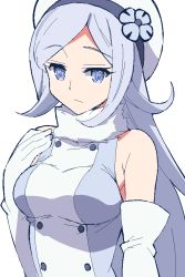 Rule 34 | 10s, 1girl, 9law, aila jyrkiainen, bad id, bad pixiv id, bare shoulders, blue eyes, blue hair, breasts, elbow gloves, fur trim, gloves, gundam, gundam build fighters, hat, long hair, looking at viewer, matching hair/eyes, simple background, solo, white background, white gloves