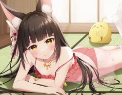 Rule 34 | 1girl, animal ear fluff, animal ears, azur lane, black hair, blunt bangs, blush, breasts, camisole, collarbone, commentary request, feet up, fox ears, fox girl, fox mask, frilled camisole, frills, highres, indoors, jewelry, long hair, looking at viewer, lying, manjuu (azur lane), mask, mask on head, nagato (azur lane), nagato (great fox&#039;s respite) (azur lane), nagura shiro, no shoes, on floor, on stomach, panties, parted lips, pendant, red camisole, red panties, see-through, see-through camisole, side-tie panties, small breasts, spaghetti strap, strap slip, sunlight, tatami, the pose, thighhighs, underwear, underwear only, white thighhighs, yellow eyes