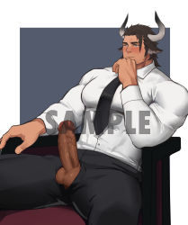 Rule 34 | 1boy, absurdres, alternate costume, animal ears, arknights, bara, black pants, blush, brown eyes, brown hair, commission, cow boy, cow ears, cow horns, earrings, elbow rest, erection, feet out of frame, formal, girthy penis, highres, horns, jewelry, large pectorals, male focus, matterhorn (arknights), muscular, muscular male, necktie, on chair, open pants, pants, pectorals, penis, salaryman, sample watermark, shirt, short hair, sideburns, sitting, solo, spread legs, thick thighs, thighs, uncensored, veins, veiny penis, watermark, white shirt, xianyusamuel