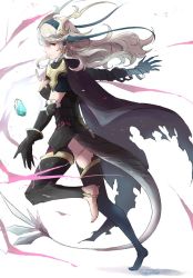 Rule 34 | 1girl, armor, barefoot, black armor, black gloves, black legwear, breasts, cape, corrin (female) (fire emblem), corrin (female) (nohr noble) (fire emblem), corrin (fire emblem), crystal, dragon girl, dragon horns, dragon tail, fire emblem, fire emblem fates, gloves, horns, long hair, medium breasts, nintendo, pointy ears, red eyes, robaco, solo, tail, thighs, torn cape, torn clothes, transformation