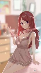 Rule 34 | 1girl, absurdres, alternate costume, bed, blurry, blurry background, blush, brown dress, brown hair, commentary, commission, dress, english commentary, eyebrows hidden by hair, highres, indie virtual youtuber, lingerie, long hair, looking to the side, negligee, neve (morris-minicooper), nina saotome, on bed, purple eyes, second-party source, sitting, skeb commission, smile, solo, underwear, virtual youtuber