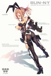 Rule 34 | 1girl, animal ears, arms note, ass, bare shoulders, black pantyhose, blonde hair, blush, breasts, bullpup, detached collar, english text, exoskeleton, fake animal ears, from side, fukai ryosuke, gun, high heels, large breasts, leotard, looking at viewer, looking back, open mouth, original, pantyhose, playboy bunny, ponytail, powered bunny, purple eyes, rabbit ears, rabbit tail, simple background, solo, submachine gun, tail, weapon, white background, wrist cuffs
