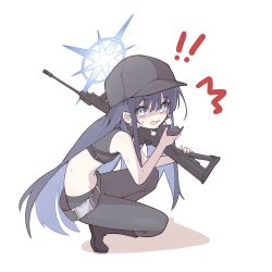 Rule 34 | 1girl, absurdres, aqua eyes, ar-15, assault rifle, baseball cap, bent over, black footwear, black hair, black pants, blue archive, boots, commentary request, eyes visible through hair, from side, full body, gun, hair between eyes, hat, highres, holding, holding gun, holding weapon, knee boots, long hair, looking at viewer, looking to the side, mask, unworn mask, midriff, mmhomm, mouth mask, pants, removing mask, rifle, saori (blue archive), sidelocks, simple background, sleeveless, solo, squatting, surprised, sweat, sweatdrop, weapon, white background